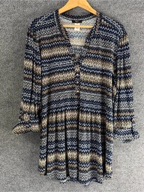 Verarose Womens 3X Chevron Top Blue Tan 3/4 Sleeve Office Casual Stretch Comfort